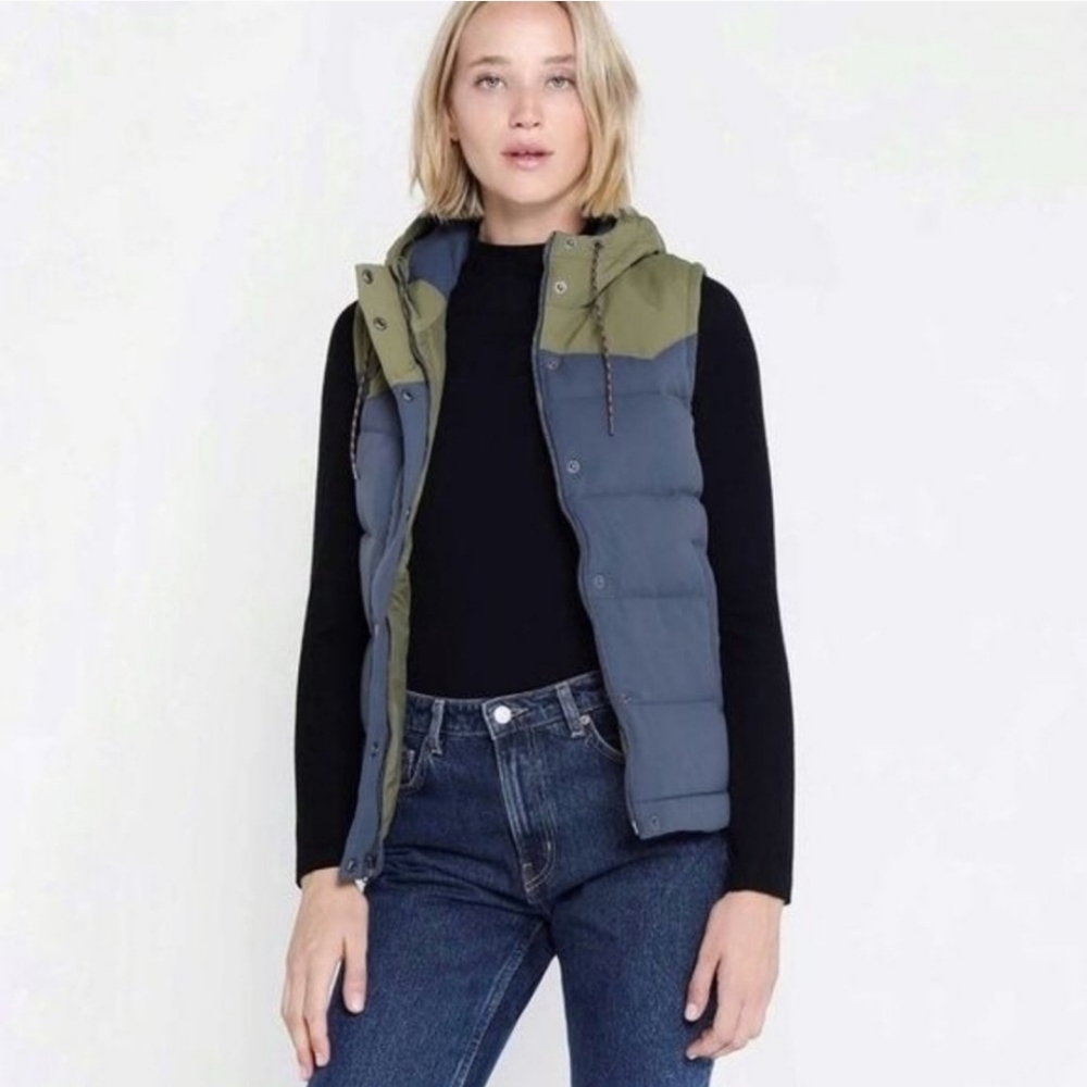 Patagonia Bivy Down Vest Smolder Blue Olive Green Small Hooded Rare